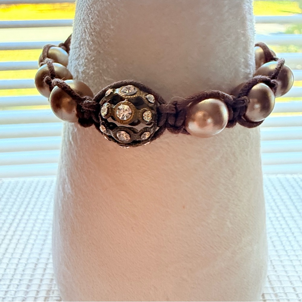 Adjustable Pearl & Crystal Shamballa-Style Bracelet